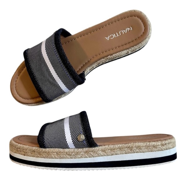 NAUTICA Tidegate Black White Stripe Espadrille Slides Slip On Sandals Womens 8.5 - Picture 2 of 15